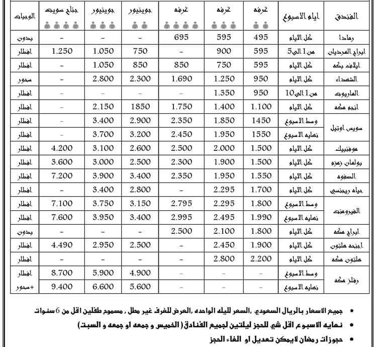 جدول اسعار فنادق مكة في رمضان